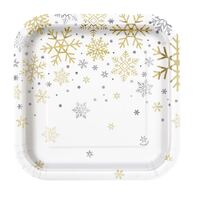 Silver & Gold Holiday Snowflakes 8 x 18cm Foil Stamped Square Paper Plates- main image